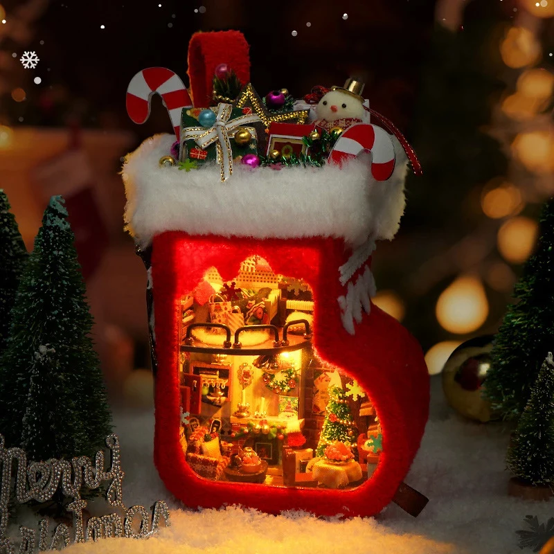 

OUZEY DIY Wooden Christmas Stocking Casa Miniature Model LED Light Dollhouse Furniture Kit Friends Birthday Gift