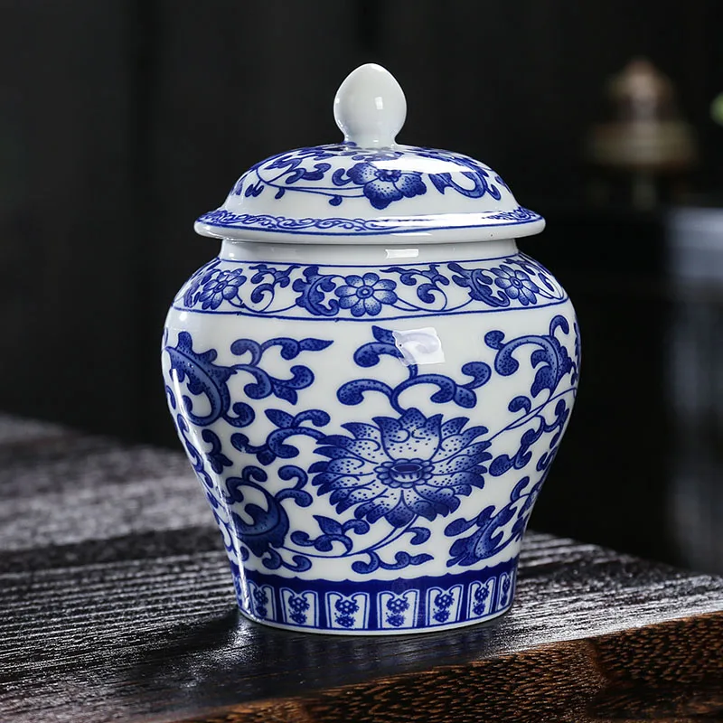 Blue and White Porcelain General Jar Sealed Tea Jar Ceramic Vase Household Candy Nut Coffee Beans Medicinal Herbs Storage Bottle