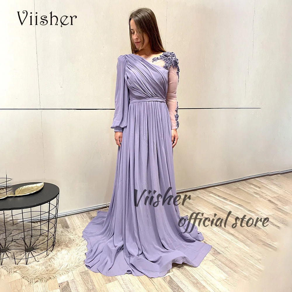 

Viisher Lavender Chiffon Arabic Evening Dresses Beads Long Sleeve O Neck Formal Prom Dress with Slit Dubai Evening Gowns