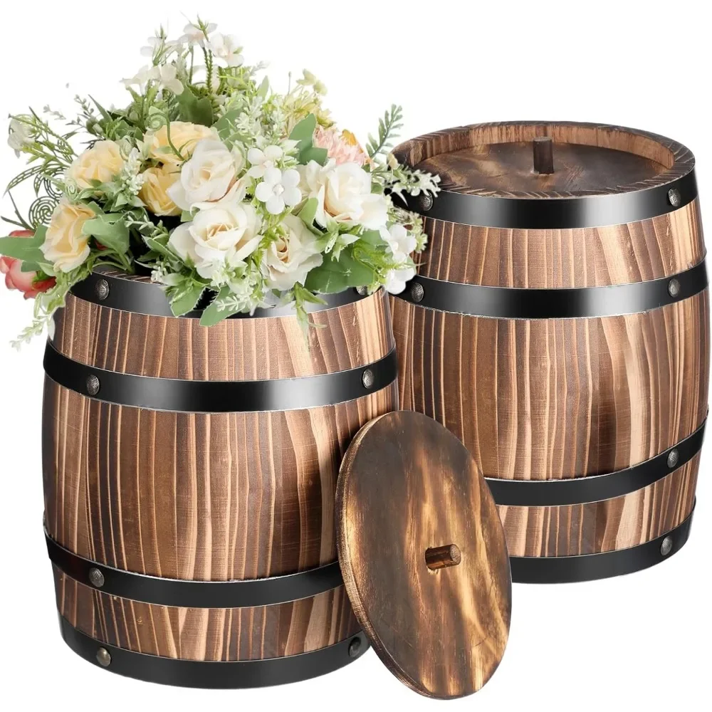 Set of 2 Rustic Wooden Barrel Vases for Wedding Table Home Garden Party Indoor Outdoor 8x6 5 Inch