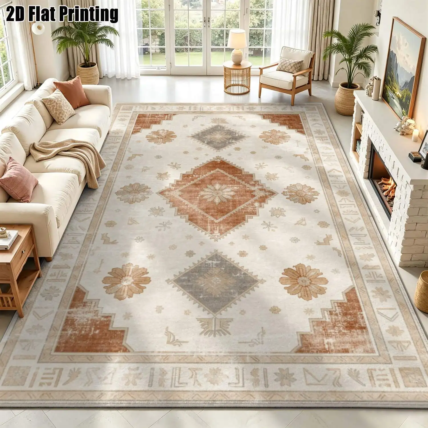 1Pc 2D Printed Carpet: Retro Brown-Gray Geometric Floral Pattern, European Vintage Style, Bohemian Doormat Home Decor, Multi-Size, Machine Washable, Ideal for Entryway, Dining Room, Foyer, Living Room, Bedroom.