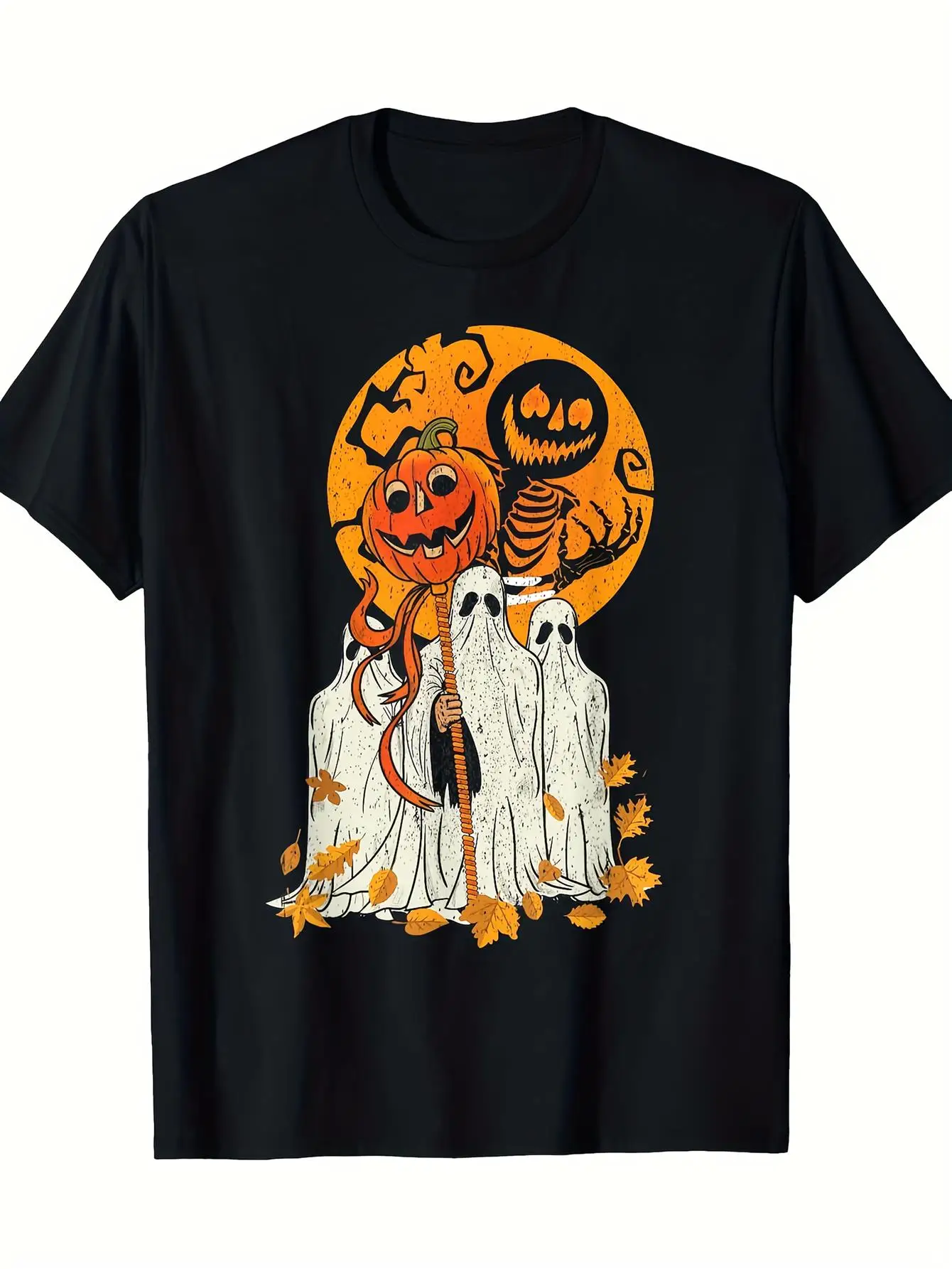 

Men's Bohemian Cotton T-Shirt with Adorable White Orange Halloween Pumpkin Print Short Sleeve Round Neck Casual Tee Non-Stretch