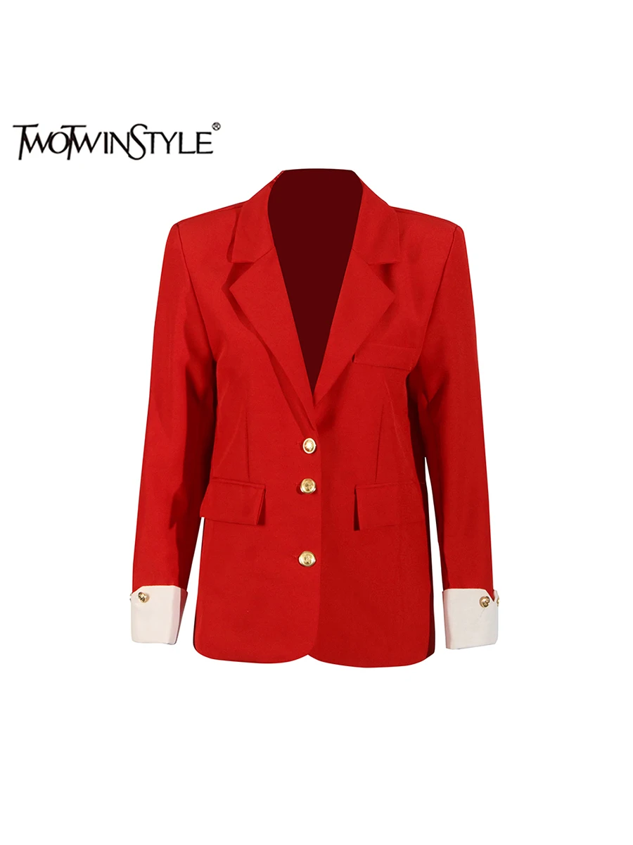TWOTWINSTYLE Solid Casual Blazers For Women Notched Collar Long Sleeve Patchwork Single Breasted Designer Coats Female Fashion