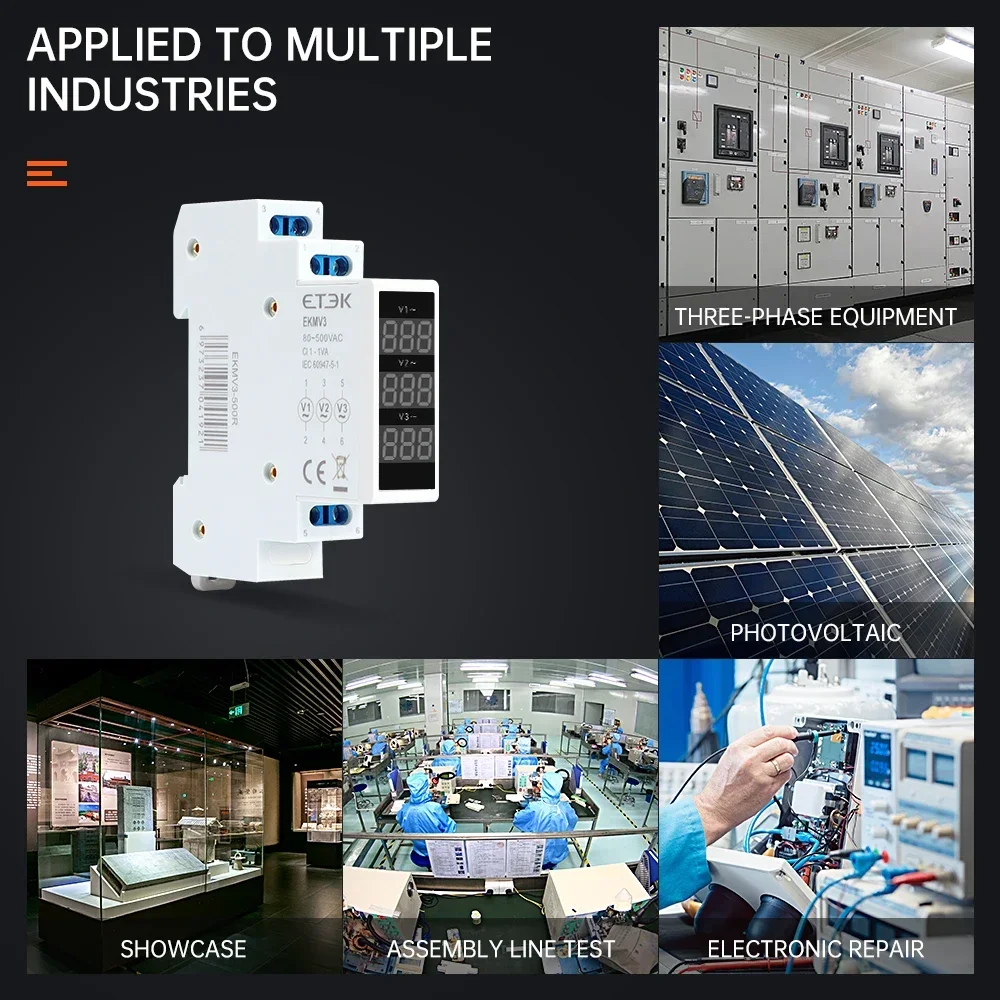 Modular Led Digital Three-phase Voltmeter For Din Rail Voltage Meter Ac 220v 230v 380v 80-500V EKMV3 ETEK