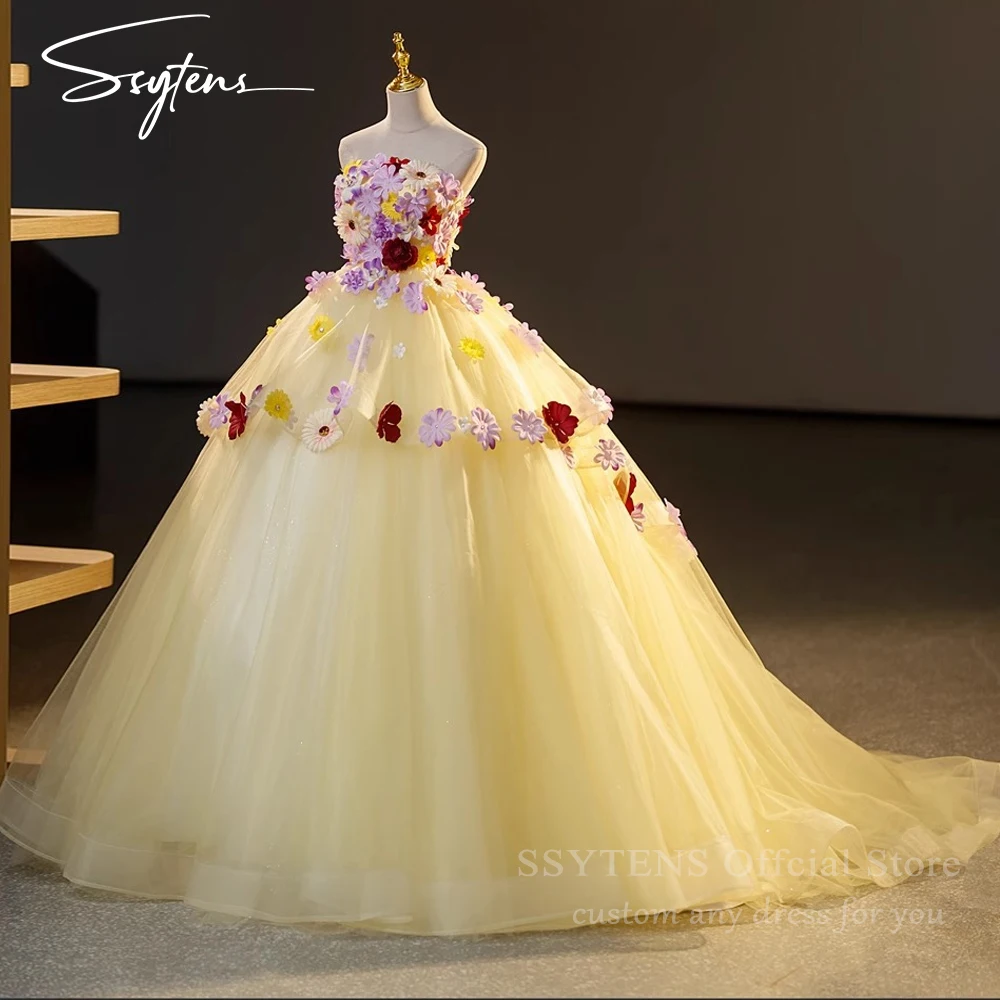 Colorful Special Occasion Party Dresses Formal Lace Handmade Flowers Luxurious Saudi Evening Dress Yellow Performance Ball Gowns