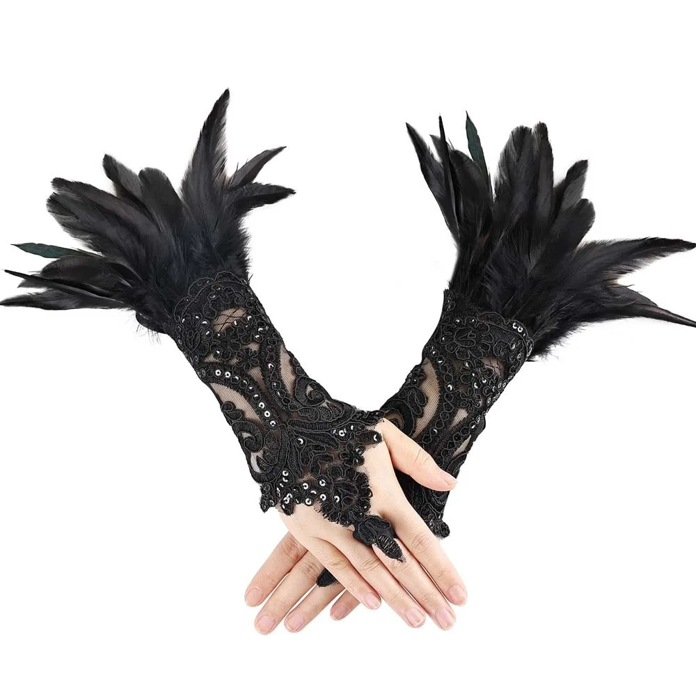 

Retro Halloween Feather Gloves Embroidery Gothic Sequins Feather Lace Gloves Dark Wristband Women Halloween Arm Sleeves