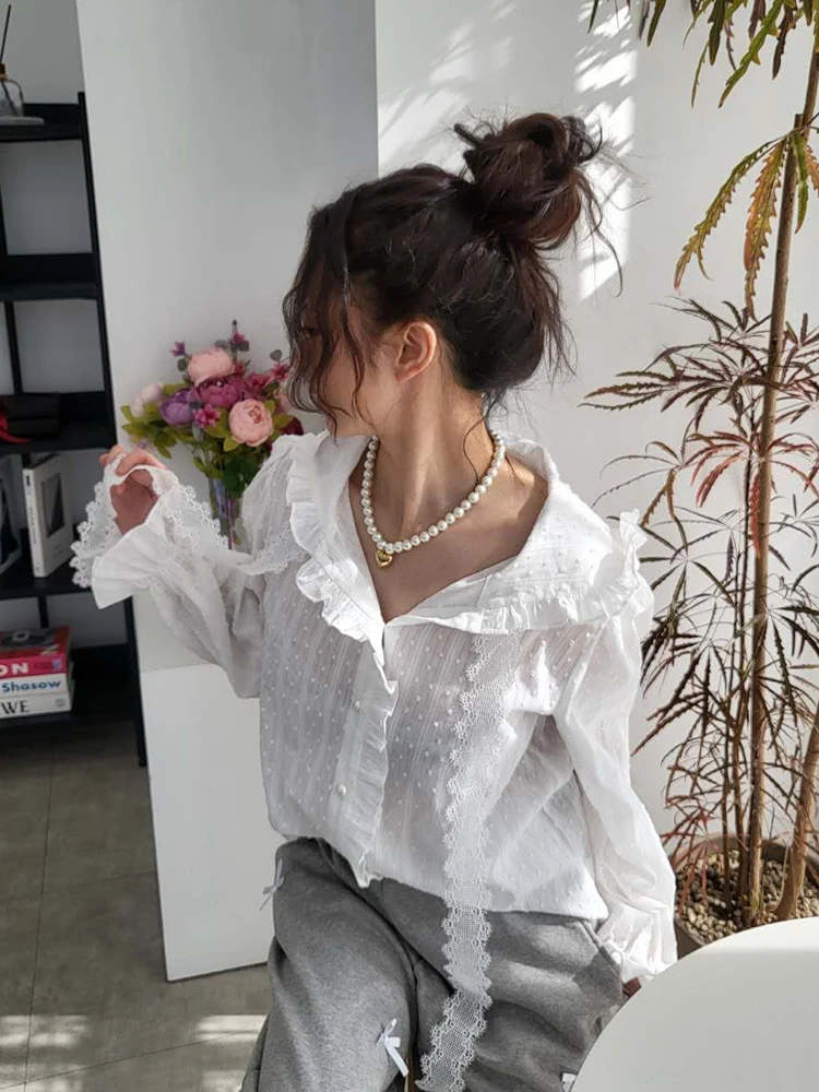 Liliang Women's Sun Protection irt with Hat Embroidered Lace Polka Dot Spring New Sle Anti Aging Long Sve Korean Sle