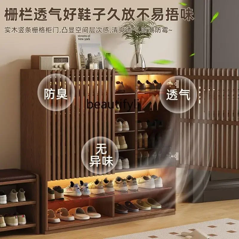 

zq1Solid wood shoe cabinet household door Solid wood large-capacity multi-layer entrance cabinet New Chinese style