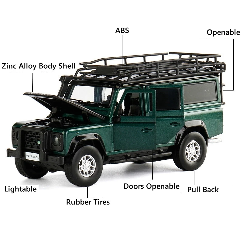 1/32 Land Rover Defender Adventure Toy Car Off Road SUV Miniature Model JKM Diecast Metal Pull Back Collection for Boy Children