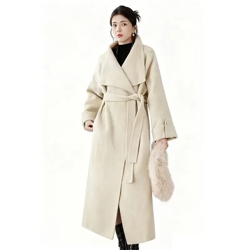 Casaco feminino de caxemira dupla face azul de comprimento médio de alta qualidade |   Estilo casual, agasalhos clássicos de lã com lapela larga