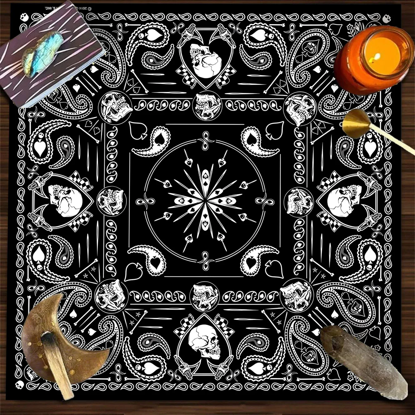 black white skull paisley playing card tarot reading cloth gothic punk occult divination altar cloth mystical mat