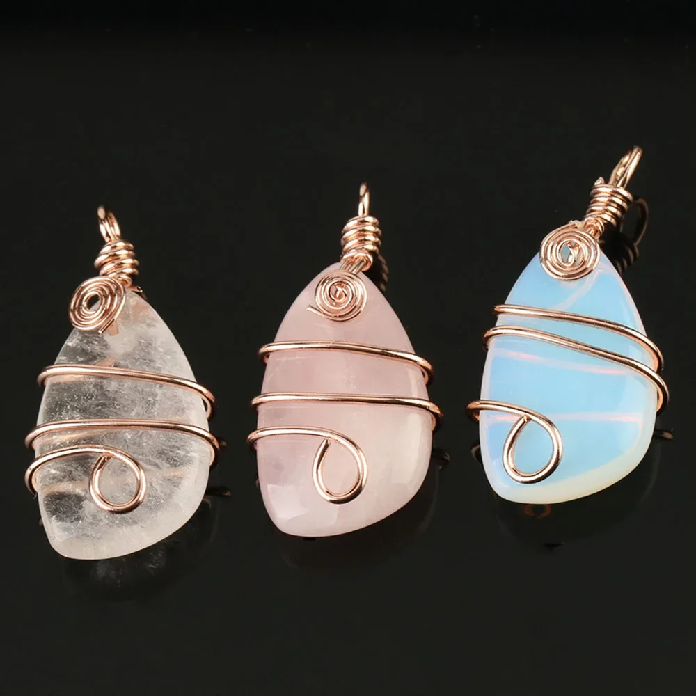 Natural Raw Stones Water Drop Pendant Healing Crystals Stone Chakra Energy Calming Reduce Stress Wire Wrapped Necklace for Women