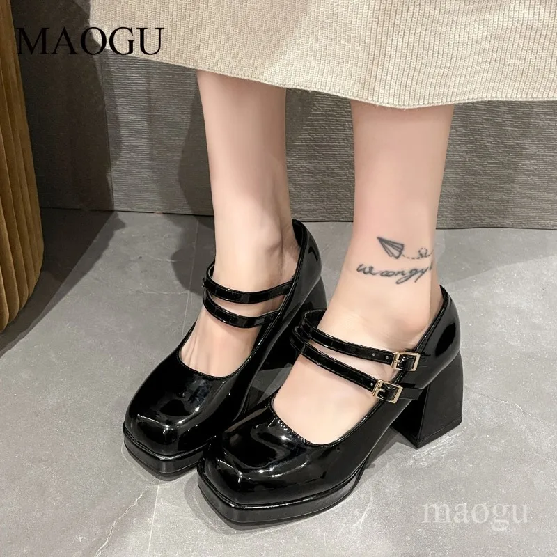 Glossy Women's Platform Mary Jane Heels Double Strap Square Toe Chunky Block Heel Pumps Lolita Shoes Large Size 35-44 Туфли