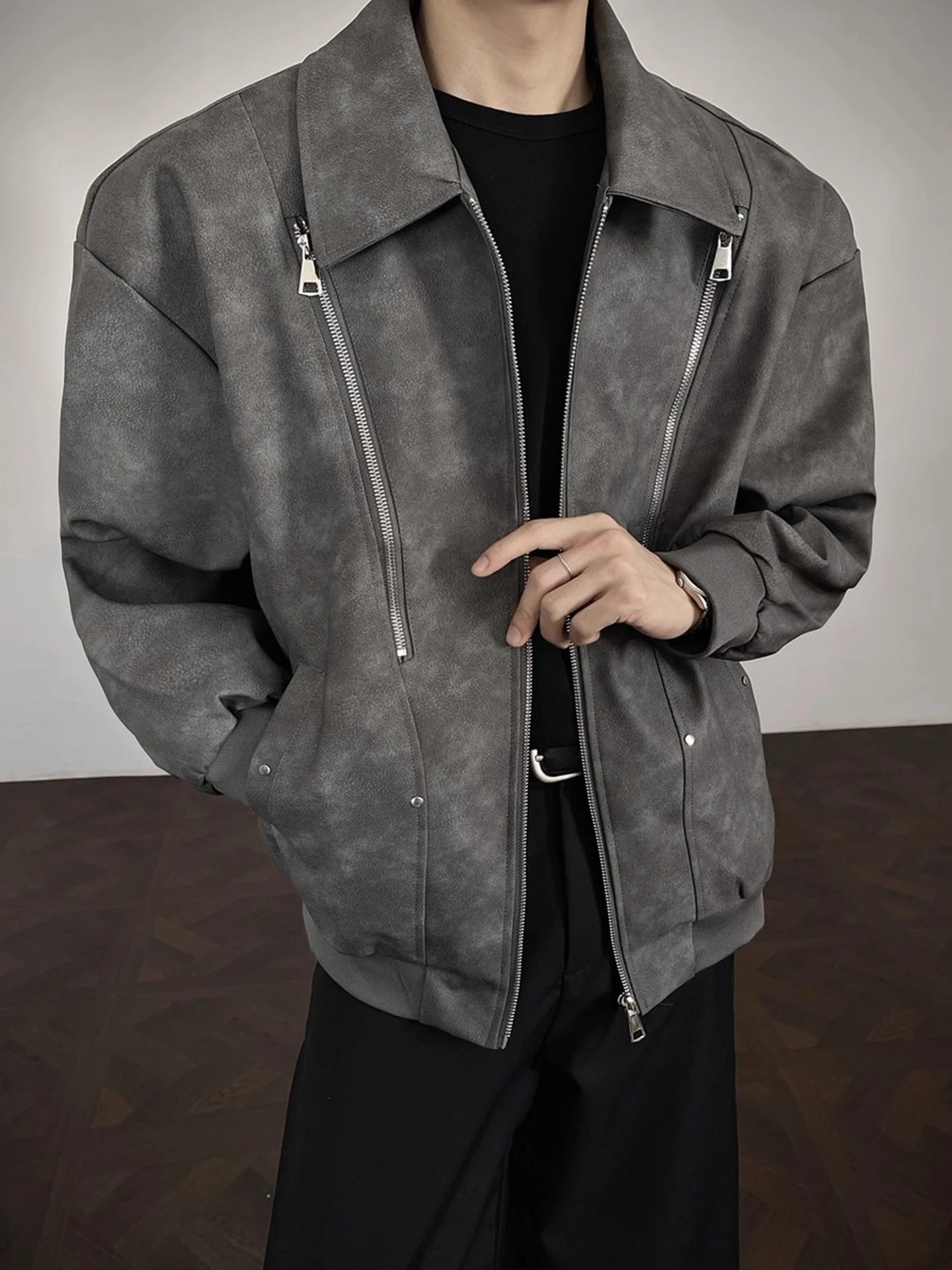 

American Sle Tie Dye PU Leather Jaet Men's Spring Autumn Loose Fit Zipper Splice Collar Trendy Haome Outerwear