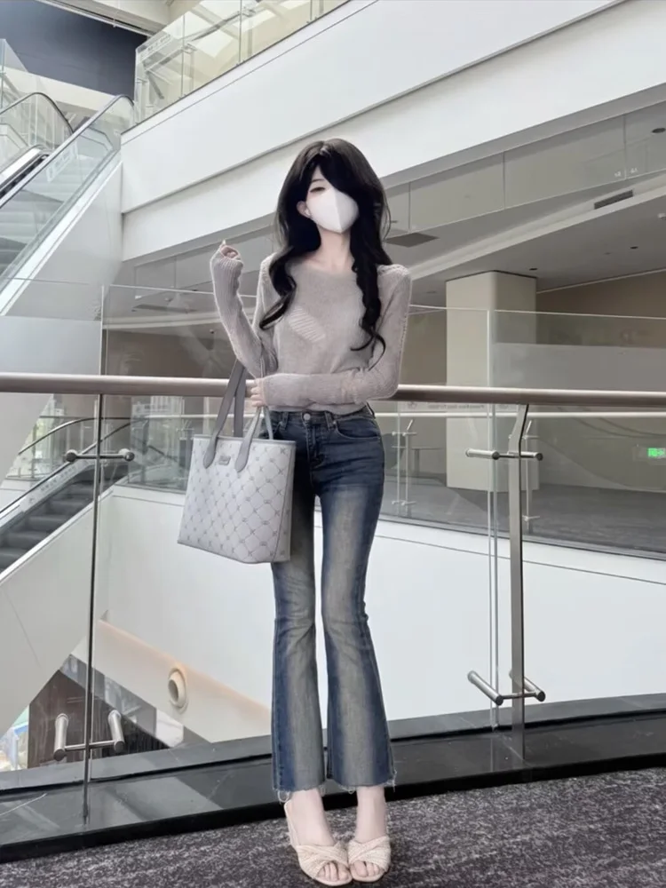 

Retro High Waist Bell Bot Jeans Women's Autumn Winter Slimming Nine Point Flared Pants Korean Sle Cotton Stretch Denim
