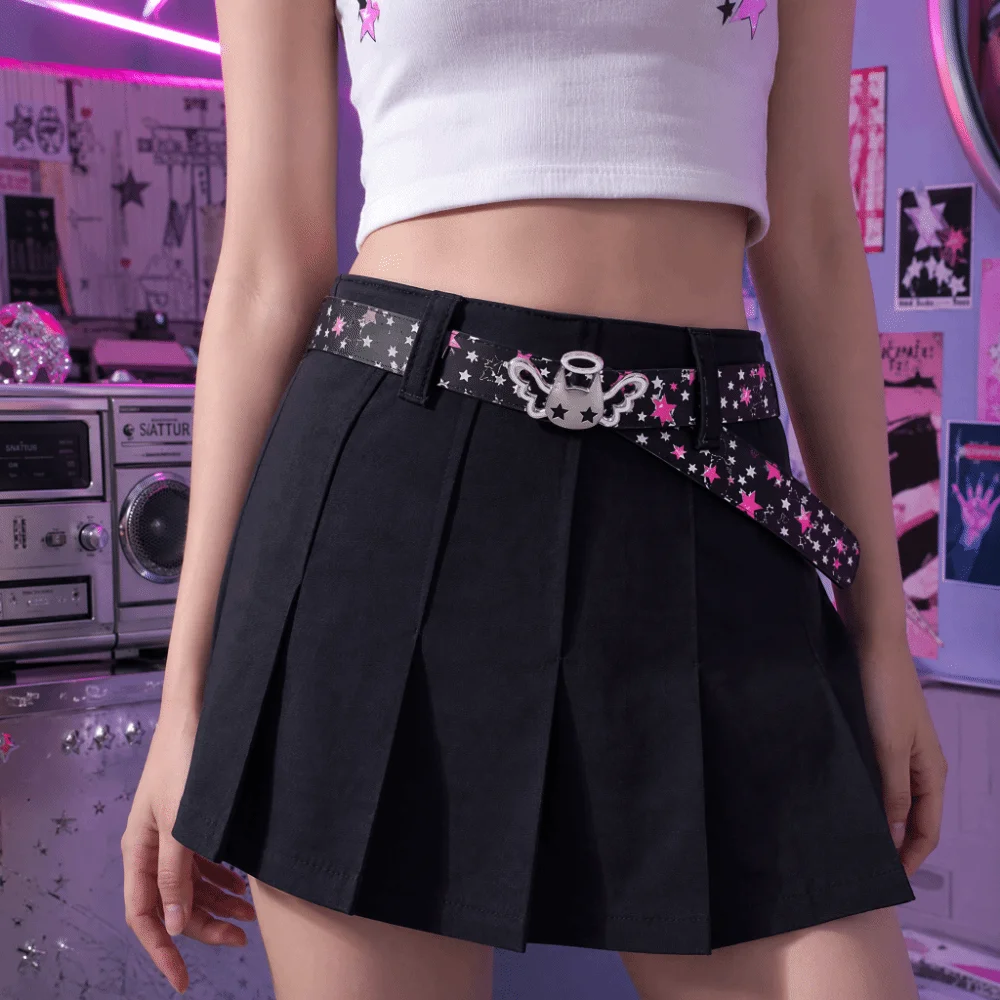 PU Leather Strap Women Waist Belt Pink Bow Decor Casual Star Print Belt Adjustable All Over Star Print Decorative Jean Belt