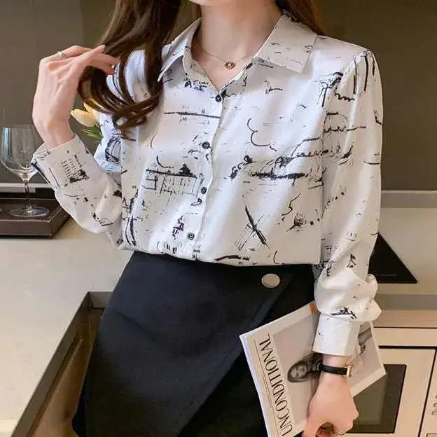 Vintage Fashion Printing Single-breasted Blouse Women New Long Sleeve Turn-down Collar All-match Temperament Chiffon Shirt 2022