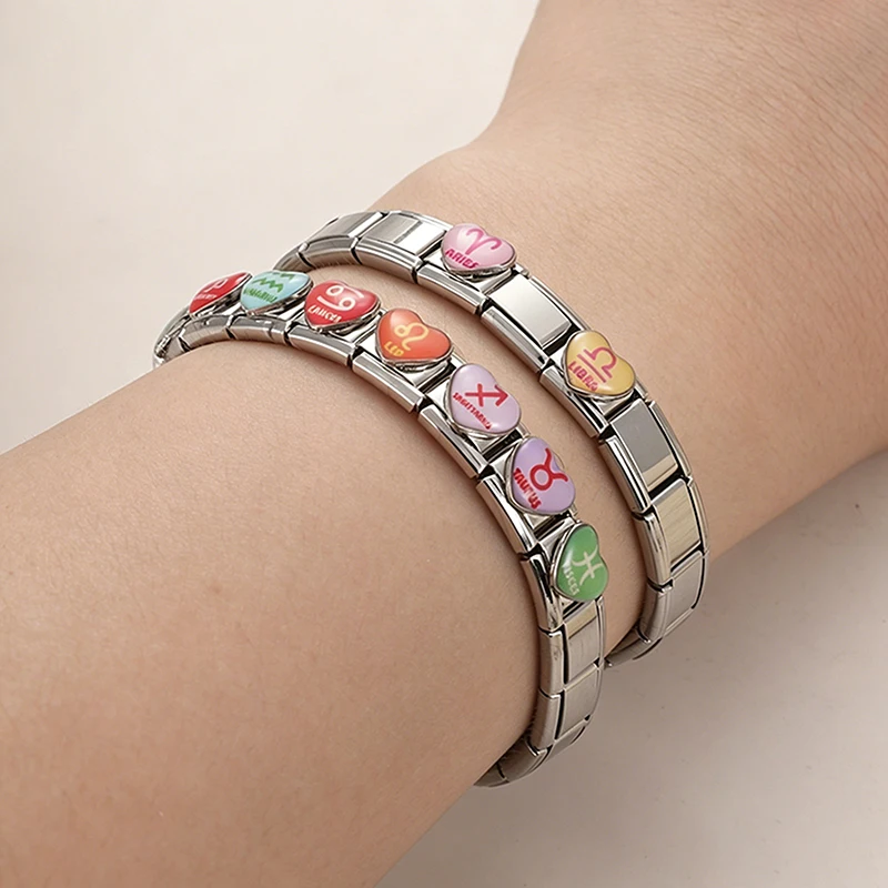 Wholesale Fashion Twelve Zodiac Heart Italian Charm Links Fit 9mm Stainless Steel Bracelet Women Men's Jewelry DIY Making