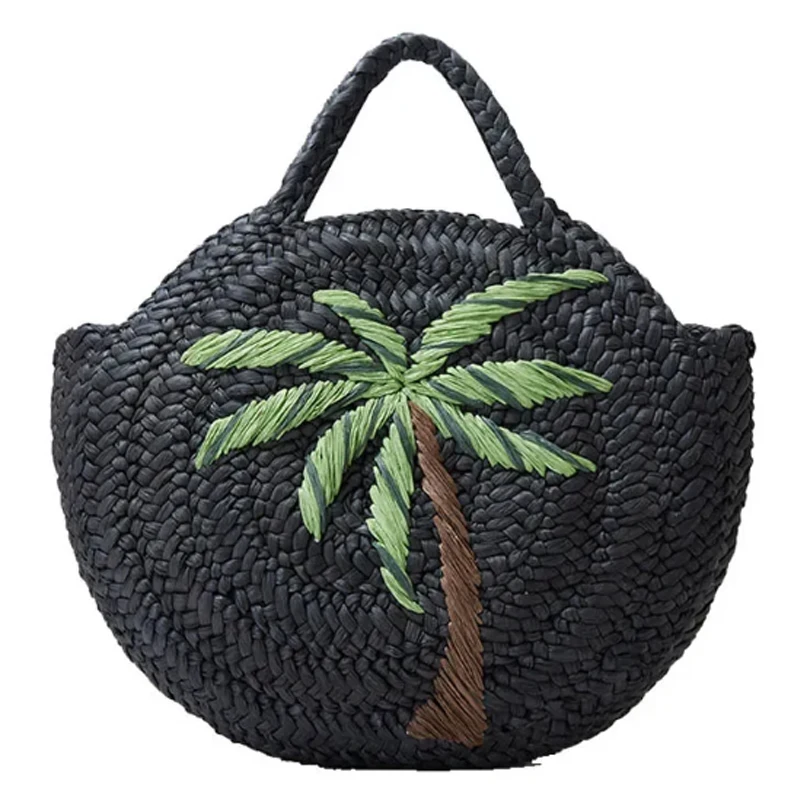 

Large Tote Purses Fashion Coconut Tree Pattern Straw Women Handbags Round Corn Husk Woven Hand Bags Handmade Summer Beach Bag