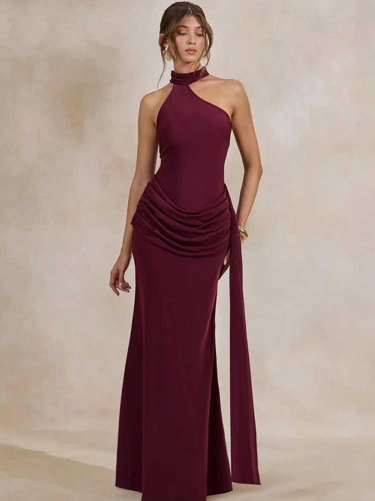Articat Elegant Sleeveless Halter Neck Tie Long Dress Women's Sexy Backless Solid Color Bodycon Party Club Evening Dress
