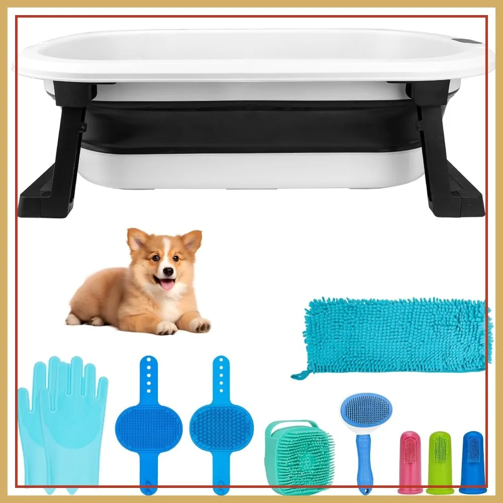 Dog Washing Kit: Collapsible Bathtub, Slicker Brush, Shampoo Brush, Towel, Grooming Brush, Toothbrush & Gloves