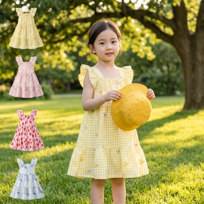Korean Style Kids Girls Gingham Plaid Summer Dress Sweet Bow Ruffle Strap Sundress Loose Tiered Children Daily Clothing