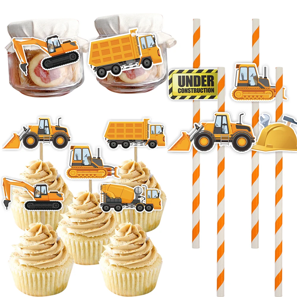 1set Construction Cake Toppers Carton Bulldozer Excavator Paper Straws for Boy's Happy Birthday Party Cake Decoration Supplies