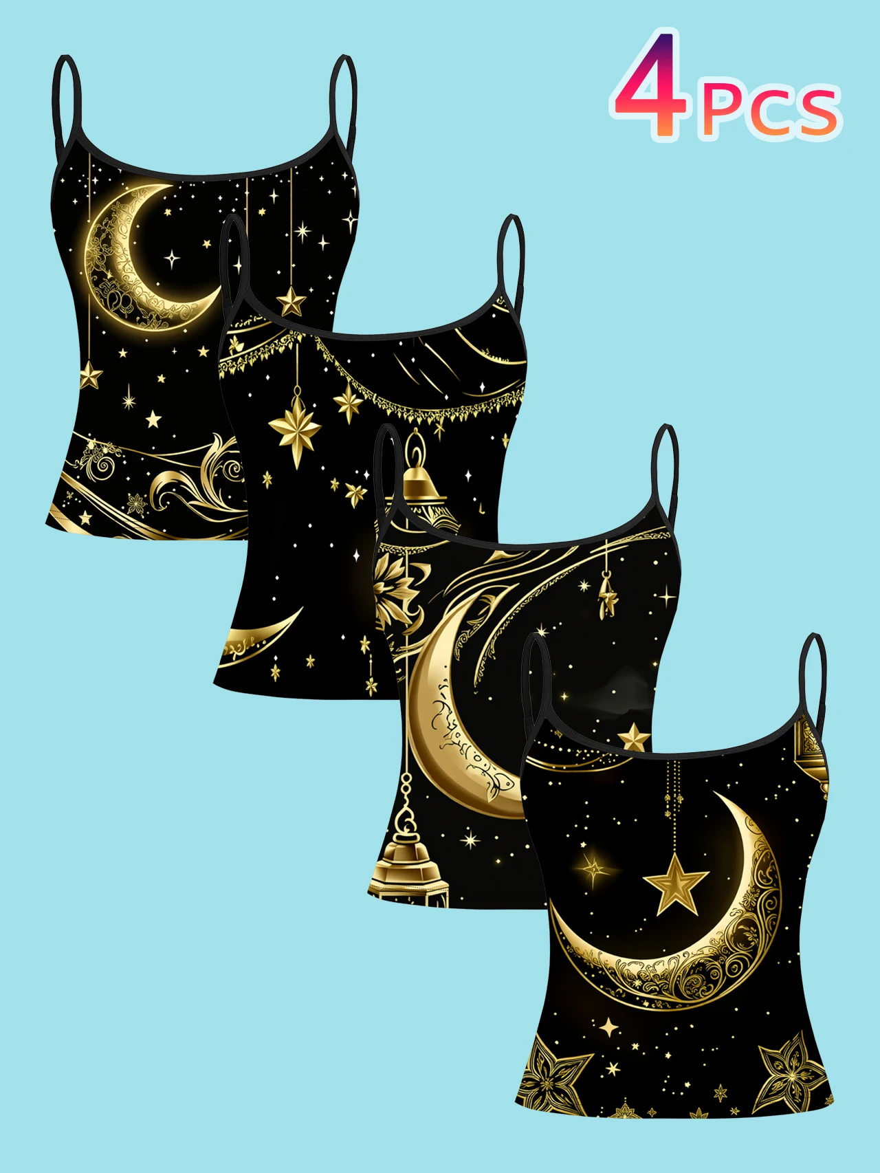 4-Piece Set of Women's Spaghetti Strap Camisole Tops, Black and Gold Vintage Star and Moon Magic Charm Full-Print Slim-Fit Sleeveless Tops, Mysterious Astrology Style Outerwear and Inner Layering Shirts