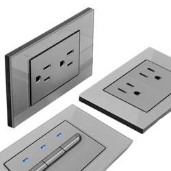 Grey Power Reset Switch Glass Panel Socket American Modular Mounting Dual USB Type C Charger Adapter 1/2/3gang2way LED Backlight