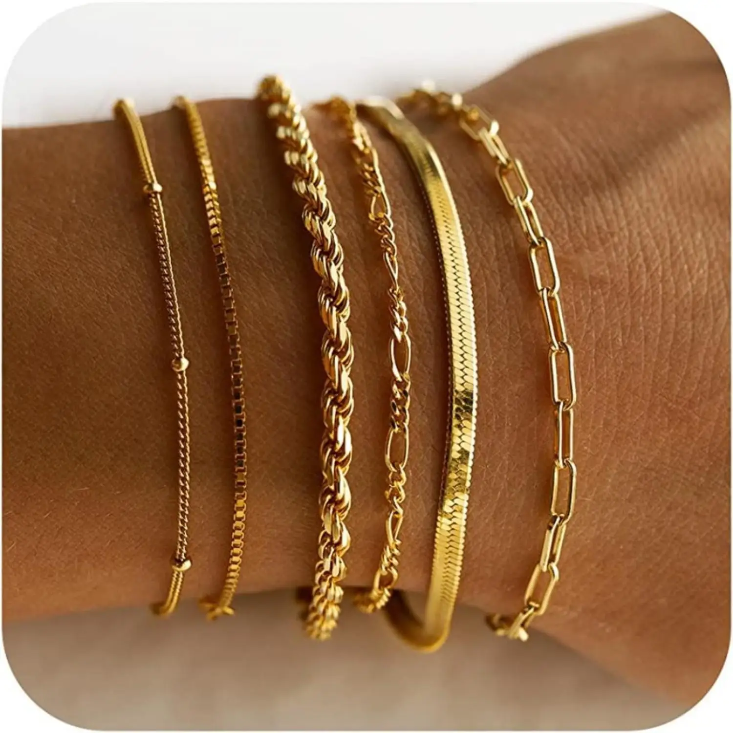 14K Real Gold Jewelry Sets for Women Trendy Thin Dainty Stackable Cuban Link Paperclip Chain Bracelet Pack Fashion