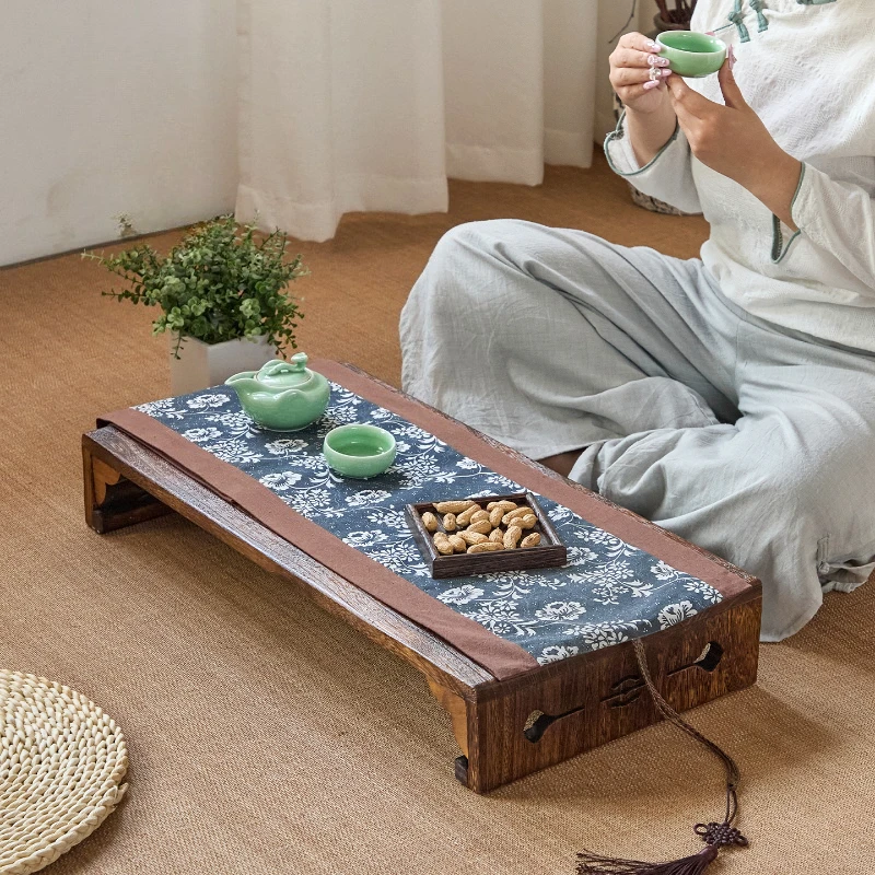 Solid Wood Vintage Bay Window Desk Carved Tea Table Folk Tatami Set Japanese Multi-Functional Kotatsu Desk