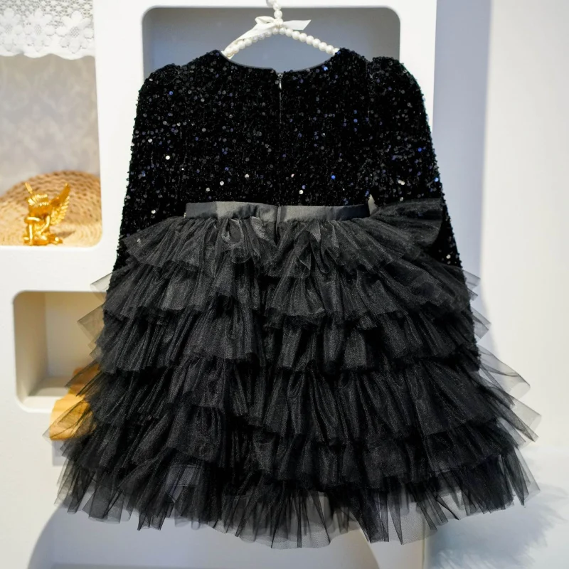 

Long Sleeve Girl's Black Cake Dress2025New RetroFASHIONViolin Performance Children's Dress
