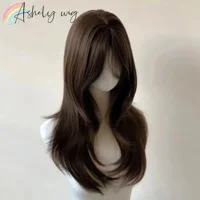 Peluca Ashely Brown para mujer, diadema, pelucas sintéticas onduladas con flequillo de cortinas, peluca de pelo de alta calidad para uso diario
