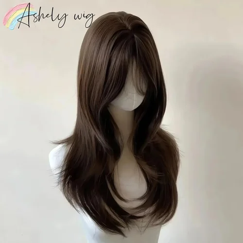 Peluca Ashely Brown para mujer, diadema, pelucas sintéticas onduladas con flequillo de cortinas, peluca de pelo de alta calidad para uso diario