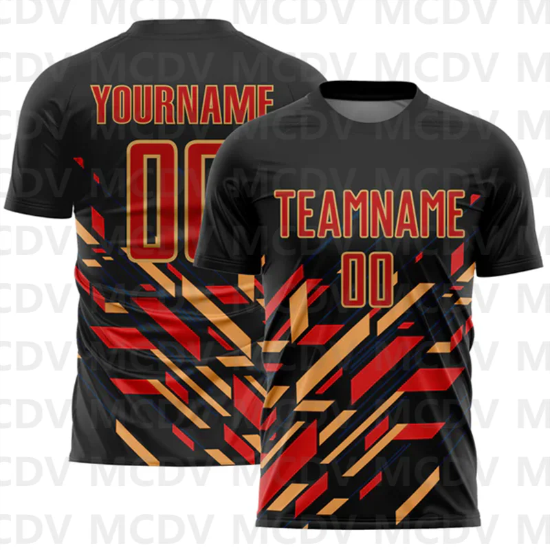 Custom Black Red-Old Gold Lines Sublimation Soccer Uniform Jersey  Personlized Team name you name number T-Shirts