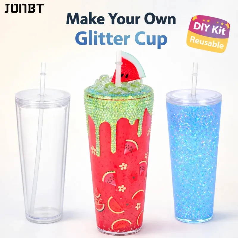 2PC DIY Glitter Tumbler Cup with Straw Sparkly Water Bottle Customizable Reusable Craft Kit for Kids Teens Summer Gift Party Fun