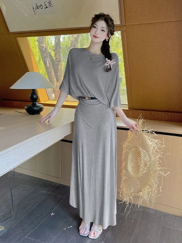 

Design Sensation Summer 2026 Women's Batwing Sleeve One Shoulder Top And Skirt Set High Waist Anti-Wrinkle Casual Style