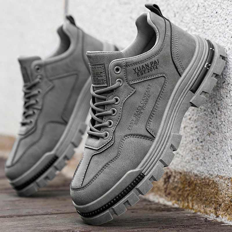 Men Suede Lace Up Chunky Work Sneakers, Non Slip Wear Resistant Outdoor Hiking Shoes For Daily Commute Camping Street Walking