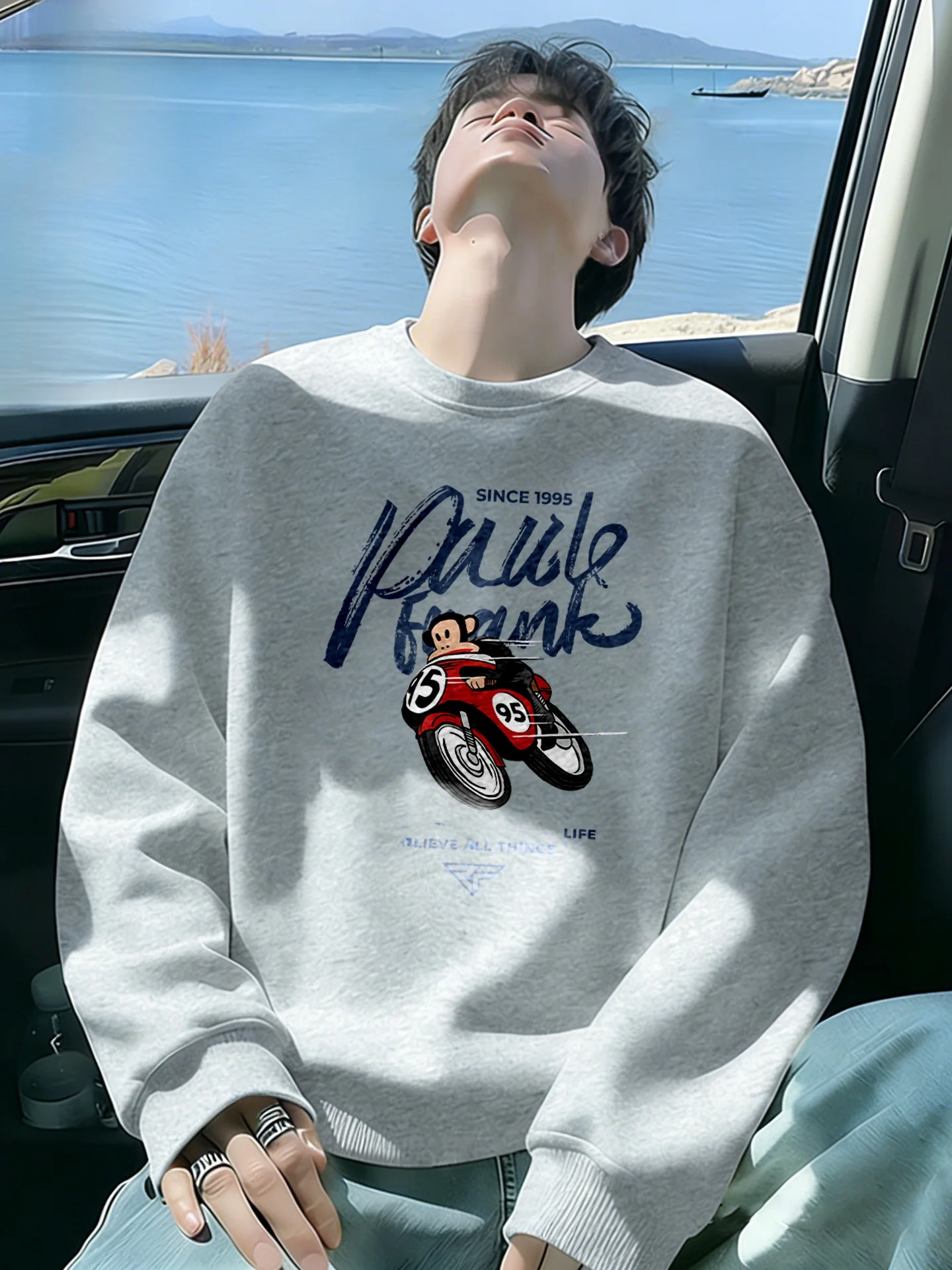 

escent American Simple round Ne Sweatirt Men's Spring New Heavyweight Jaet Casual Faion Cotton Blend F...