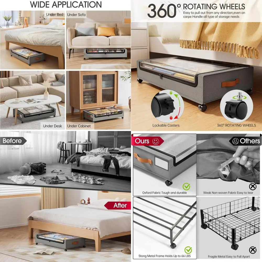 

4-Piece Wheeled Under Bed Storage Set with Lids, Clear View Windows for Easy Organization of Clothes, Blankets, Books