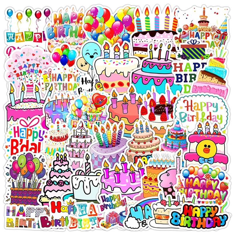 50PCS Birthday Cake Decals Playful Cartoon Designs Kids Party Invitations Gift Wrapping Card Decor Creative DIY Decals Toys Gift
