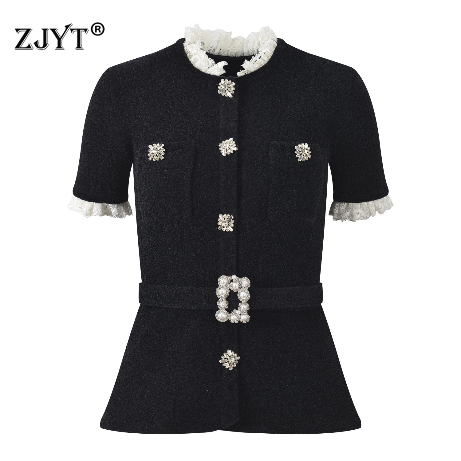 

ZJYT новые модные женские черные кардиганы с короткими рукавами, топы с рюшами и кружевным воротником, элегантные вечерние однобортные трикотажные изделия, женские