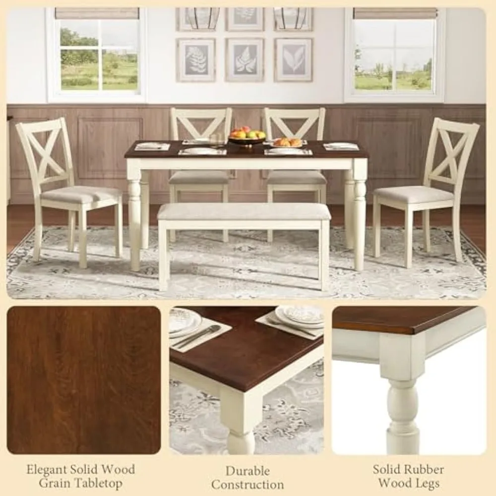 طقم طاولة طعام من الخشب الصلب مكون من 6 قطع مقاس 60 بوصة، وطاولة مزرعة مع 4 كراسي منجدة ومقعد واحد، ومجموعة طاولة طعام لـ 6 أشخاص، لـ Dinin