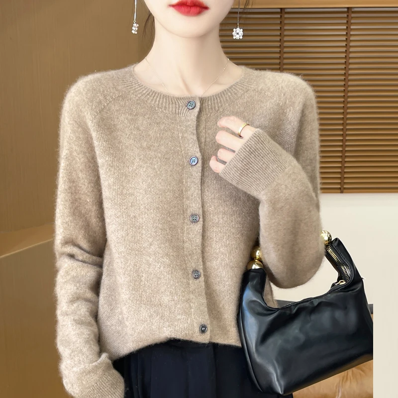 100%Merino Wool Cardigan Women\'s Round Neck Casual High-Quality AutumnWinter Solid Color Jacket Knit Basic Sweater Pure Wool Top