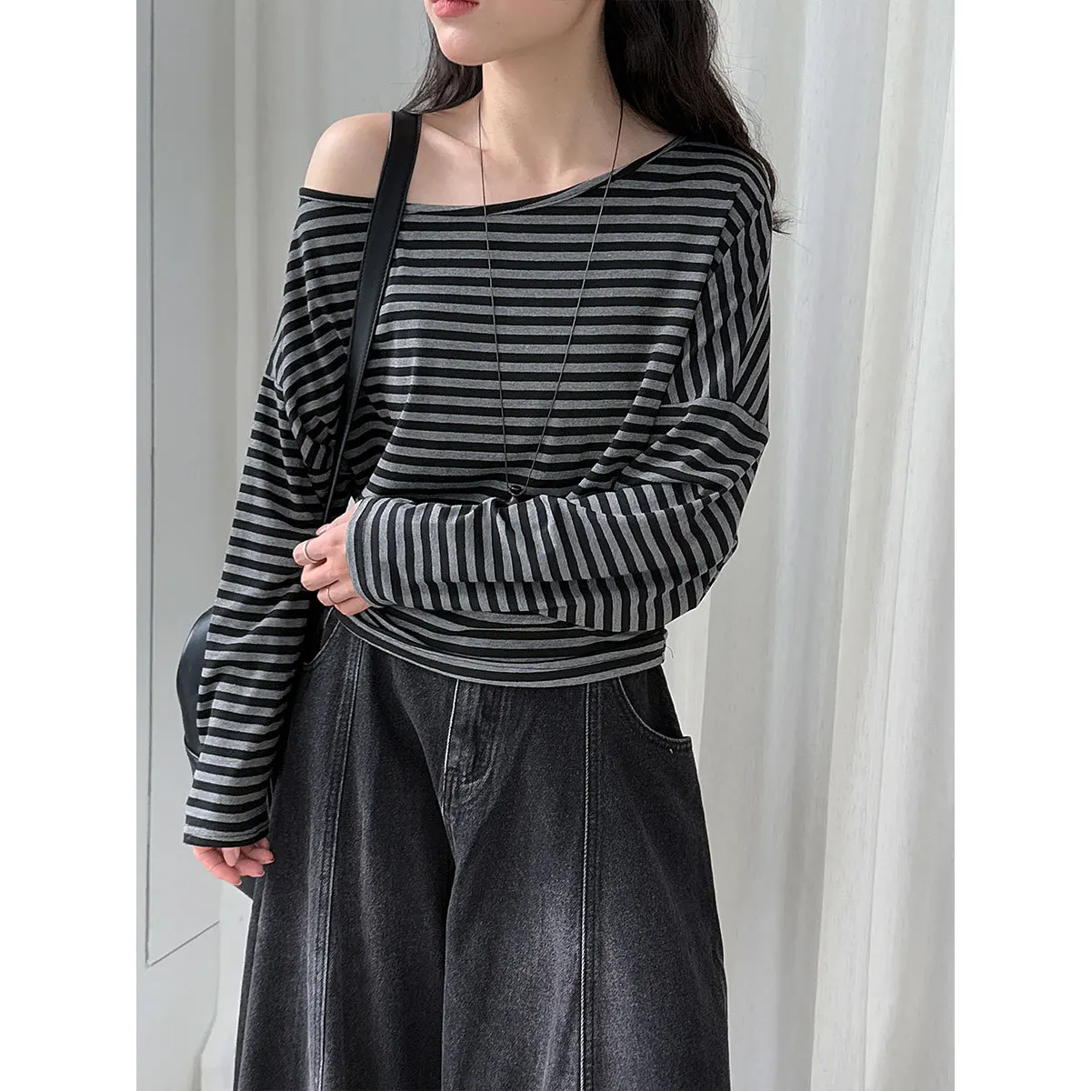 

SuperAen корейский стиль модный повседневный полосатый пуловер с длинными рукавами футболка для женщин дизайн косой воротник топ