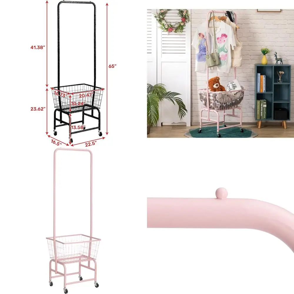 

Portable Rolling Laundry Cart with Wire Clothes Rack, Pink