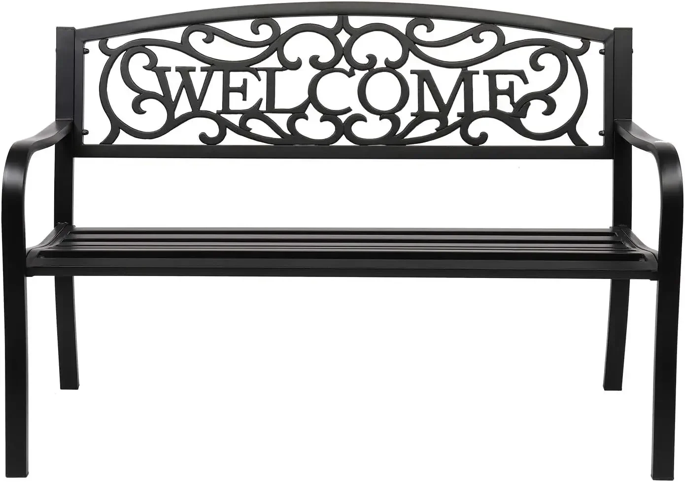 

Outdoor Bench for Patio Metal Garden Bench w/PVC Back Pattern, Steel Black Outdoor Bench