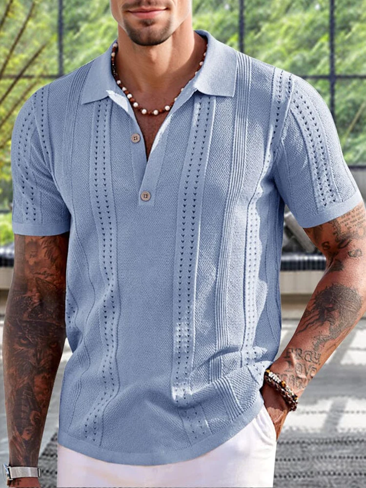 

Vintage Slim Knitting Polo Shirt For Men Summer Casual Solid Color Polo Collar Tops Knitted Short Sleeve Mens Pullover Knit Polo