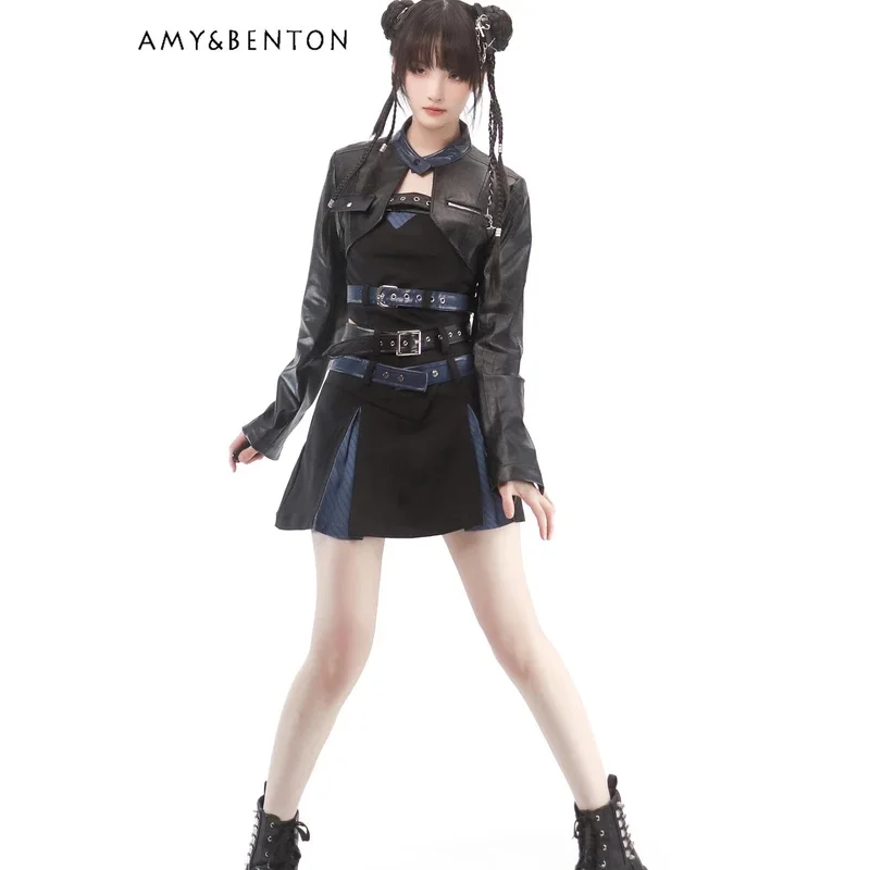 

25COSSubculture Y2K Hot Girl Leather Short Coat Mini Skirt Two-Piece Set Womens Outfits Spring and Summer New Goth Street Skirt