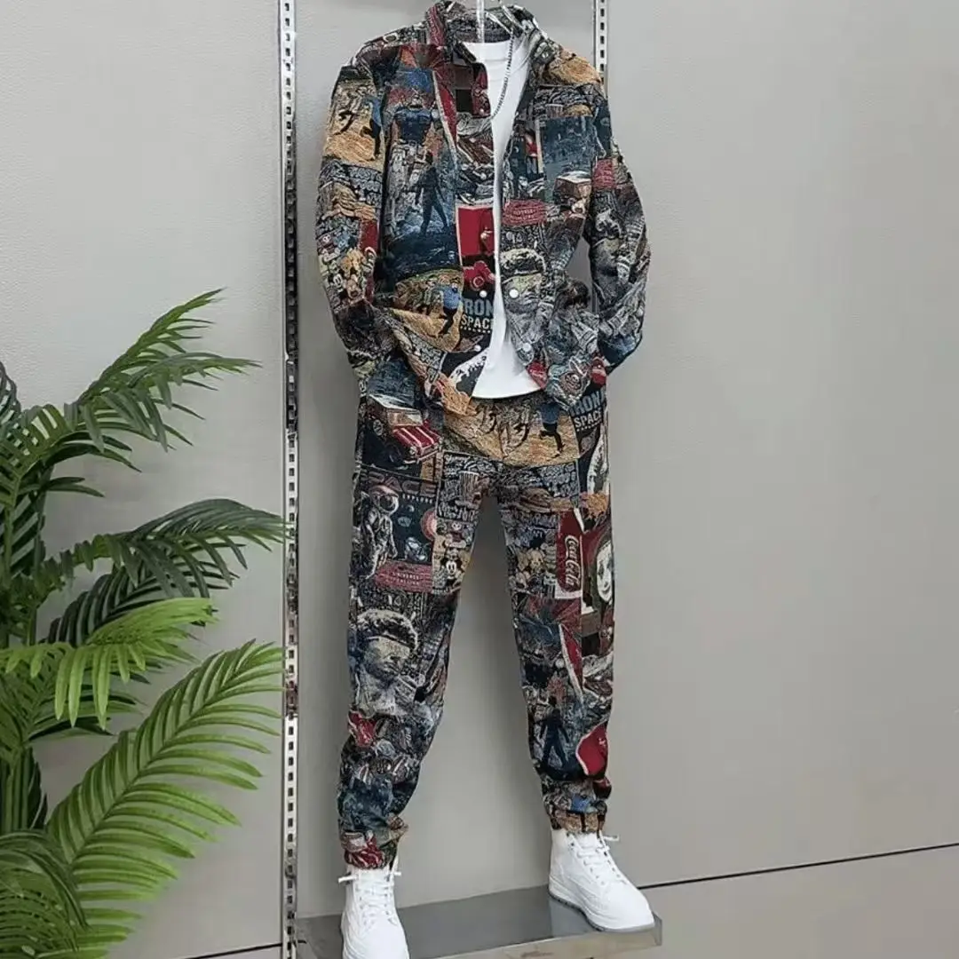 

Spring Autumn Streetwear oil painting Set Popular Painted Shirt Jacket Trousers Fashionable Casual Versatile Two-piece Sets